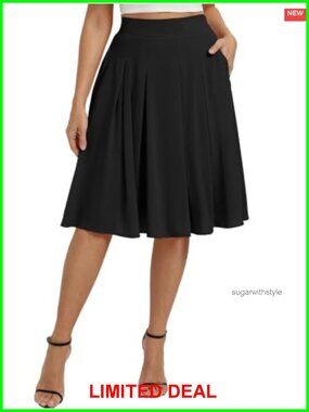 Pleated A-Line Skirt Below Knee Length High Waist with Pockets